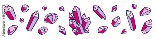 A set of crystals and minerals of various shapes. Vector isolated image on a white background. The image is hand-drawn. Doodles. 