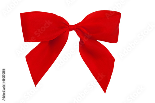 Red silk elegant bow isolated on white background. Gift card banner.