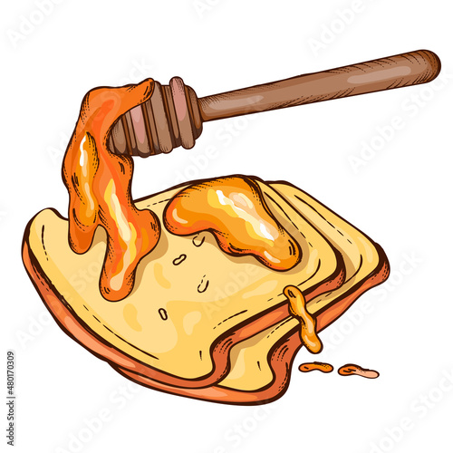 Honey flowing from dipper on bread, hand drawn vector illustration isolated on white background. Vintage engraving style honey and toast bread color image.