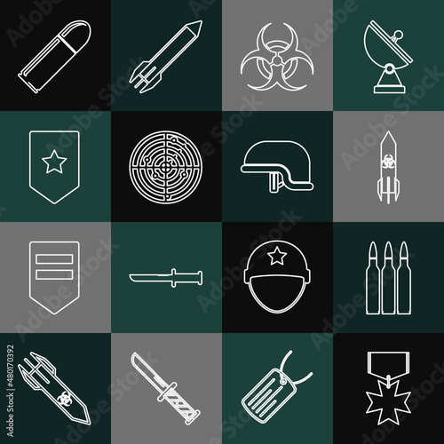Set line Military reward medal, Bullet, Biohazard rocket, symbol, Radar with targets, Chevron, and helmet icon. Vector