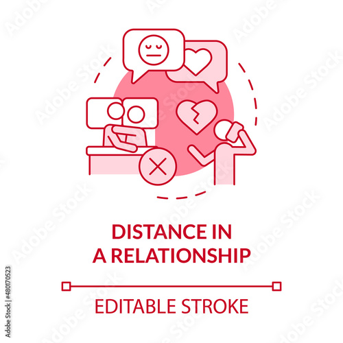 Distance in relationship pink concept icon. Couple issues. Divorce reason abstract idea thin line illustration. Isolated outline drawing. Editable stroke. Roboto-Medium, Myriad Pro-Bold fonts used