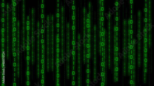 Background in a matrix style. Falling binary numbers. Green is dominant color.