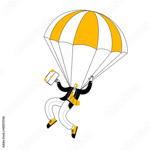 A man in a business suit and carrying a briefcase descends by parachute. Vector two-color illustration on the topic of dismissal with guaranteed compensation.