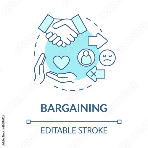 Bargaining turquoise concept icon. Trying to change situation. Divorce stage abstract idea thin line illustration. Isolated outline drawing. Editable stroke. Roboto-Medium, Myriad Pro-Bold fonts used