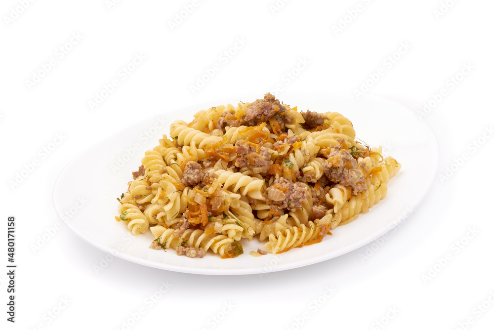 Fusilli pasta with minced meat, isolated on white background.