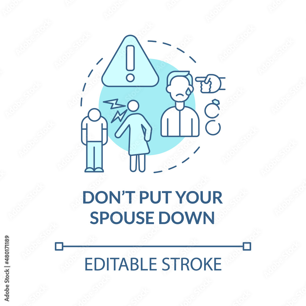 Dont put your spouse down turquoise concept icon. Relationship after divorce abstract idea thin line illustration. Isolated outline drawing. Editable stroke. Roboto-Medium, Myriad Pro-Bold fonts used