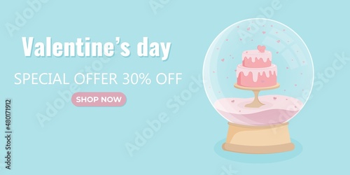 Valentine's Day Sale 50 off Poster or banner with fabulous glass ball with pink bunk wedding cake, gifts and flying small hearts on light blue background. Promotion and shopping template concept.