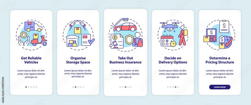 How to start courier business onboarding mobile app screen. Delivery walkthrough 5 steps graphic instructions pages with linear concepts. UI, UX, GUI template. Myriad Pro-Bold, Regular fonts used How to start courier business onboarding mobile app screen. Delivery walkthrough 5 steps graphic instructions pages with linear concepts. UI, UX, GUI template. Myriad Pro-Bold, Regular fonts used
