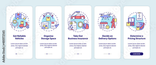How to start courier business onboarding mobile app screen. Delivery walkthrough 5 steps graphic instructions pages with linear concepts. UI, UX, GUI template. Myriad Pro-Bold, Regular fonts used