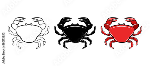 Crab vector icon set. Isolated graphic logo design element. Ocean shellfish crustacean. Aquatic sea wildlife animal. Doodle monochrome drawing template. Outline sketch sticker. Colouring page for kids