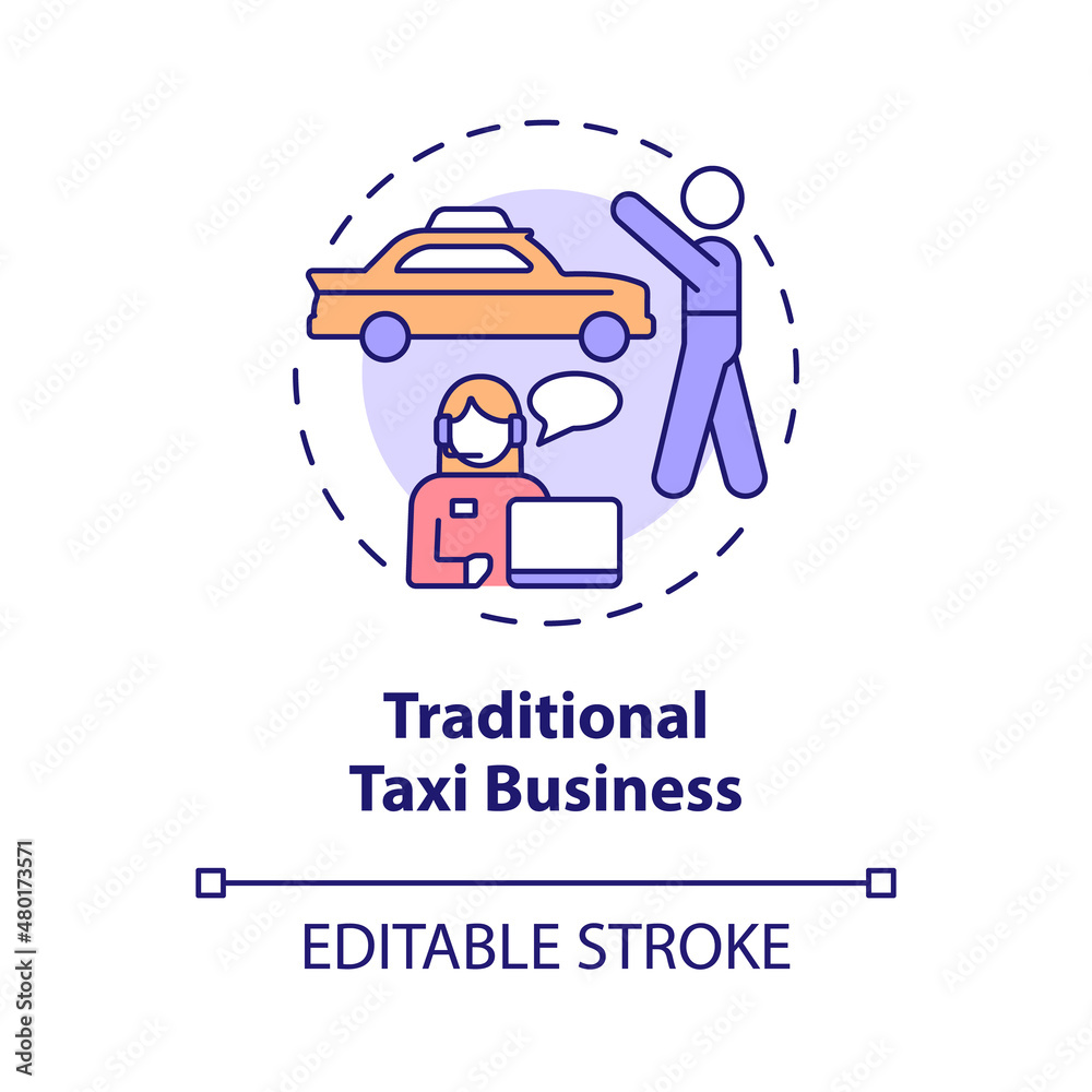 Traditional taxi business concept icon. Standart transportation abstract idea thin line illustration. Isolated outline drawing. Editable stroke. Roboto-Medium, Myriad Pro-Bold fonts used