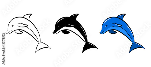 Dolphin fish vector icon set. Isolated graphic logo design element. Aquatic sea wildlife animal. Doodle monochrome drawing template. Outline sketch sticker. Colouring page for kids cute ocean habitant