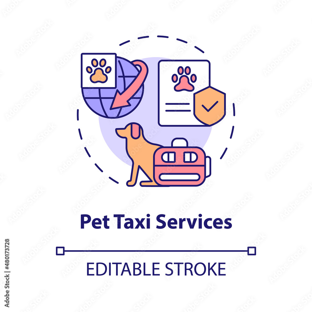 Pet taxi services concept icon. Transport animals. Starting delivery business abstract idea thin line illustration. Isolated outline drawing. Editable stroke. Roboto-Medium, Myriad Pro-Bold fonts used