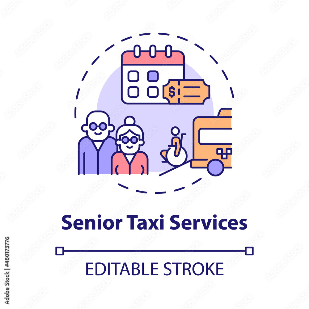 Senior taxi service concept icon. Set up delivery business abstract idea thin line illustration. Isolated outline drawing. Editable stroke. Roboto-Medium, Myriad Pro-Bold fonts used