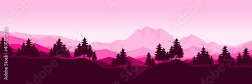 pink mornign in mountain landscape flat design vector good for wallpaper design, design template, background template, and tourism design template © FahrizalNurMuhammad