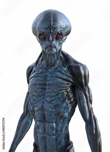 3d illustration of a blue skin male alien with red eyes and a skeletal thin body looking forward on a white background. © Bert Folsom