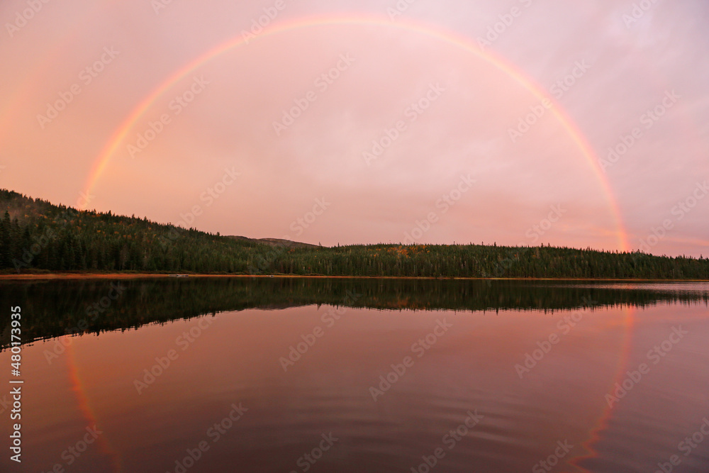 Naklejka premium paysage avec un arc-en-ciel sur un lac