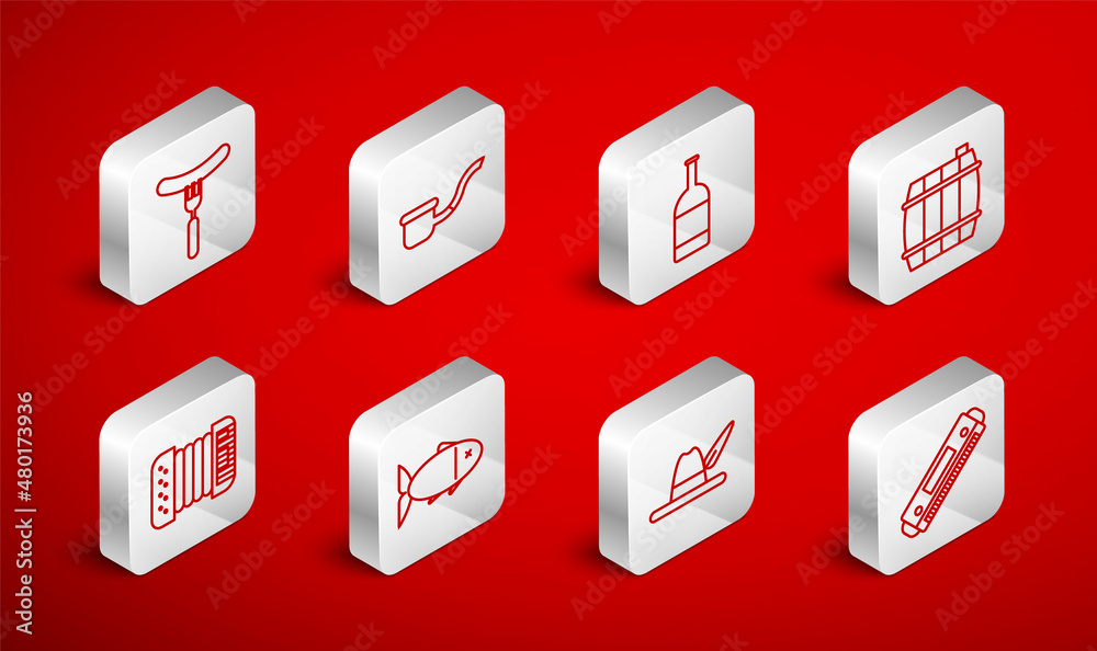 Set line Harmonica, Smoking pipe, Beer bottle, Wooden barrel, Oktoberfest hat, Sausage the fork, Fish and Accordion icon. Vector Set line Harmonica, Smoking pipe, Beer bottle, Wooden barrel, Oktoberfest hat, Sausage the fork, Fish and Accordion icon. Vector