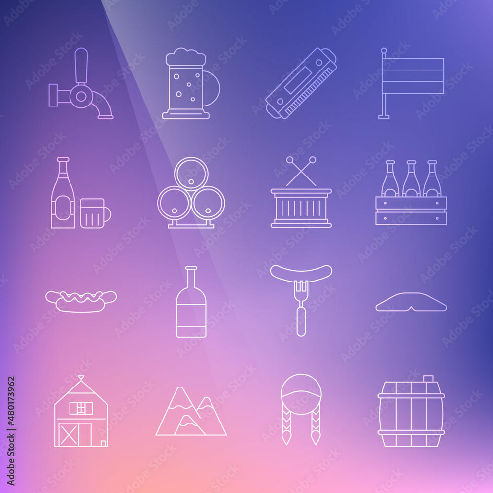 Set line Wooden barrel, Homemade pie, Pack of beer bottles, Harmonica, barrels, Beer and glass, tap and Musical drum sticks icon. Vector Set line Wooden barrel, Homemade pie, Pack of beer bottles, Harmonica, barrels, Beer and glass, tap and Musical drum sticks icon. Vector