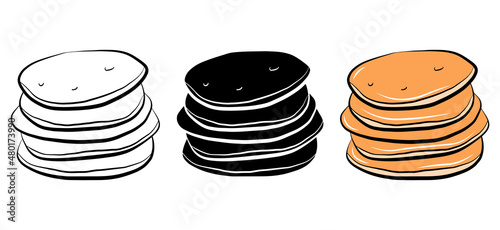 Pancake isolated icon set. Vector sweets illustration. Logo bakery design element. Menu graphic sugar food. Cartoon, flat doodle drawing outline sketch style. Monochrome emblem print. Simple breakfast