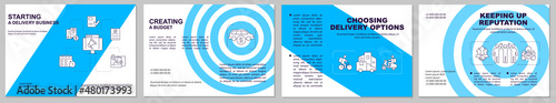 Starting delivery company blue brochure template. Service. Booklet print design with linear icons. Vector layouts for presentation, annual reports, ads. Arial-Black, Myriad Pro-Regular fonts used