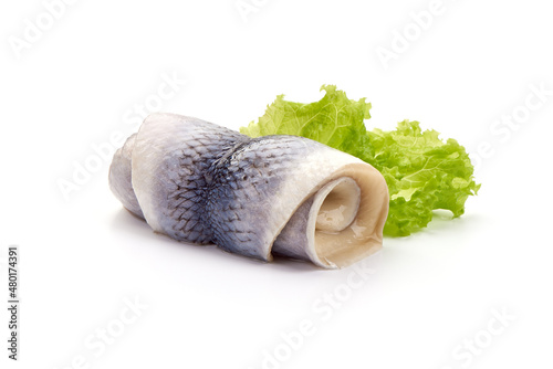 Salted herring rollmops, isolated on white background. photo