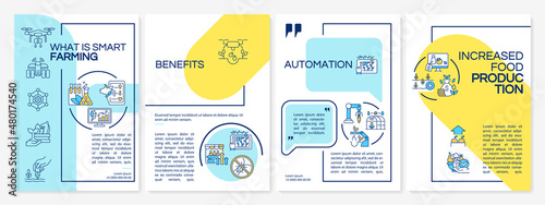 Smart agriculture blue and yellow brochure template. Food production. Booklet print design with linear icons. Vector layouts for presentation, annual reports, ads. Questrial, Lato-Regular fonts used