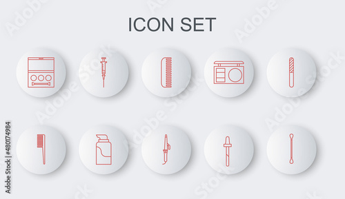 Set line Cotton swab for ears, Hairbrush, Pipette, Eye shadow palette, Syringe, Cream cosmetic tube and Curling iron icon. Vector