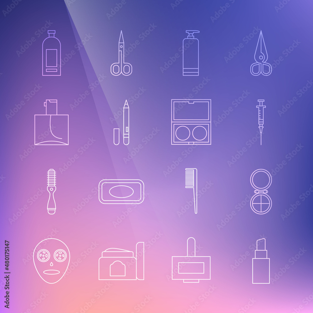 Set line Lipstick, Makeup powder with mirror, Syringe, Cream cosmetic tube, Eyeliner, eyebrow, Perfume, Bottle of shampoo and icon. Vector Set line Lipstick, Makeup powder with mirror, Syringe, Cream cosmetic tube, Eyeliner, eyebrow, Perfume, Bottle of shampoo and icon. Vector