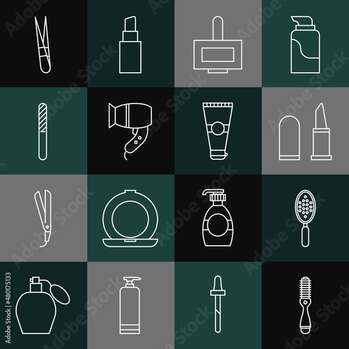 Set line Hairbrush, Lipstick, Nail polish bottle, dryer, file, Eyebrow tweezers and Lotion cosmetic tube icon. Vector