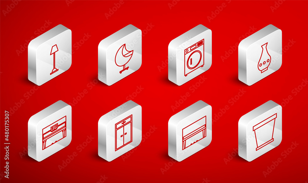 Set line Flower pot, Armchair, Washer, Vase, Grand piano, Floor lamp, Wardrobe and icon. Vector