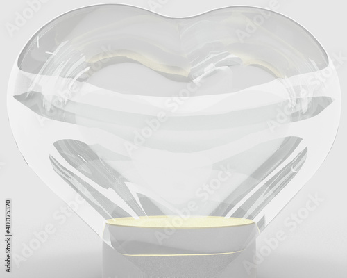 heart in a glass with whitepodium rendering. 3d product scene photo