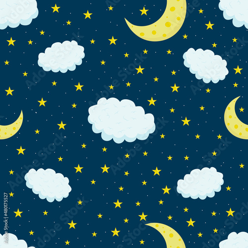 Seamless pattern with blue sky background, moon, stars n cartoon flat style. Goodnight. Endless texture for fabric