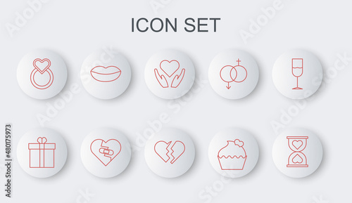 Set line Heart in the center hourglass, Gift box and heart, hand, Wedding cake with, rings, Smiling lips, Healed broken and Broken icon. Vector