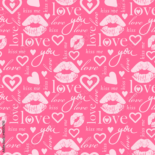 Pink Seamless pattern with text love and hearts