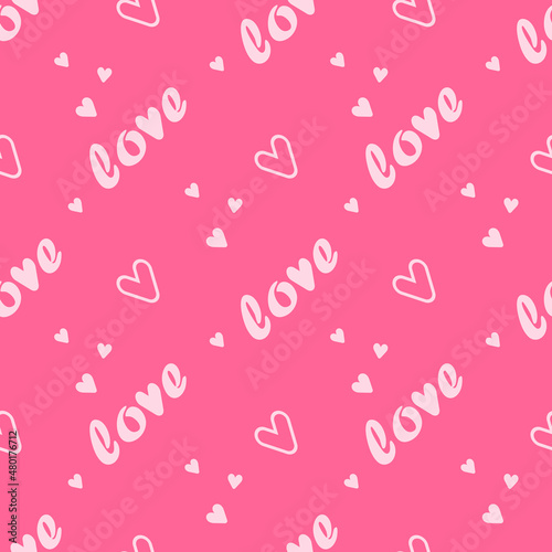 Pink Seamless pattern with text love and hearts