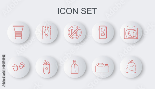Set line Garbage bag, Problem pollution of the ocean, Say no to plastic bags poster, Canister for machine oil, Paper glass, Stop, Trash can and Bottle liquid soap icon. Vector
