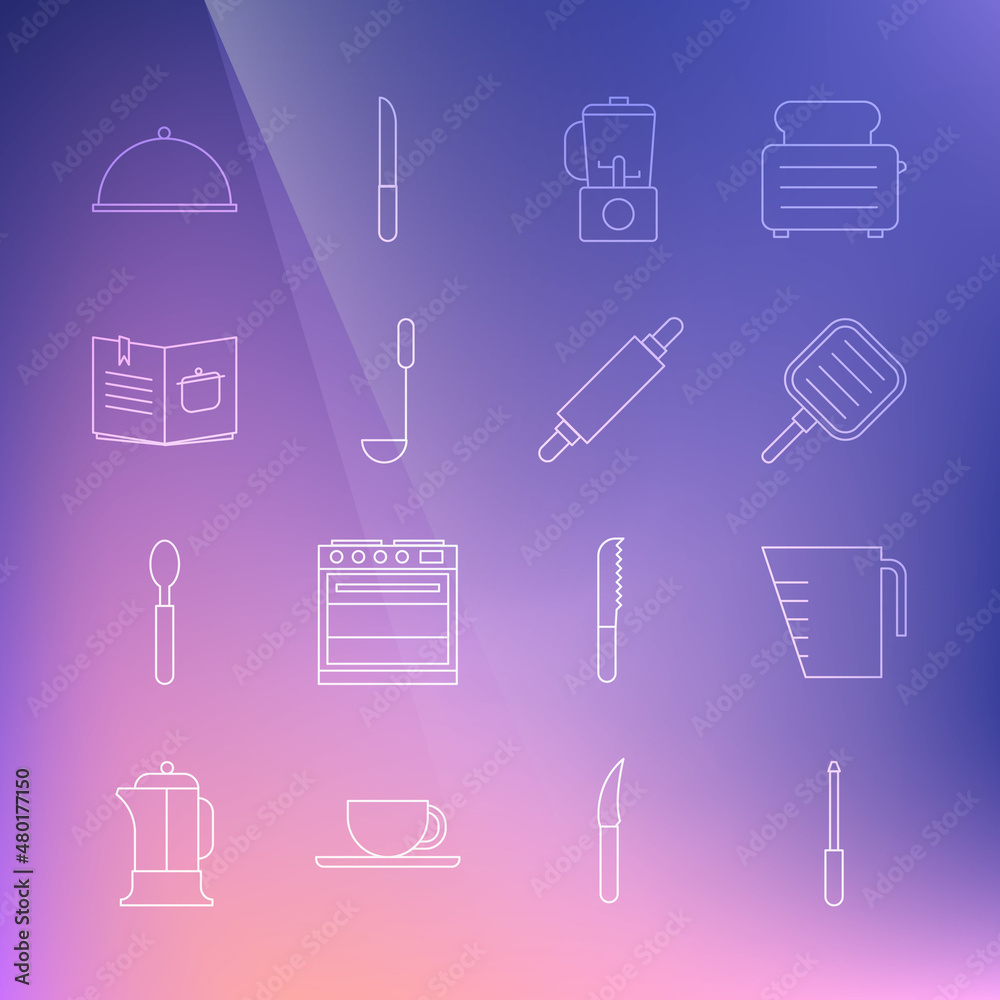 Set line Knife sharpener, Measuring cup, Frying pan, Blender, Kitchen ladle, Cookbook, Covered with tray and Rolling pin icon. Vector Set line Knife sharpener, Measuring cup, Frying pan, Blender, Kitchen ladle, Cookbook, Covered with tray and Rolling pin icon. Vector