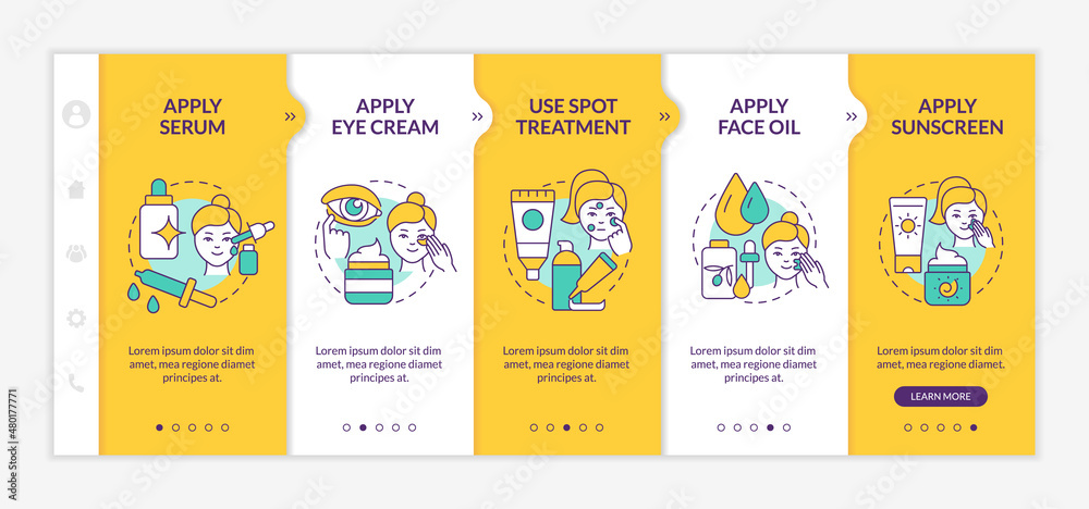 Skincare routine tips yellow onboarding template. Healthy skin. Responsive mobile website with linear concept icons. Web page walkthrough 5 step screens. Lato-Bold, Regular fonts used