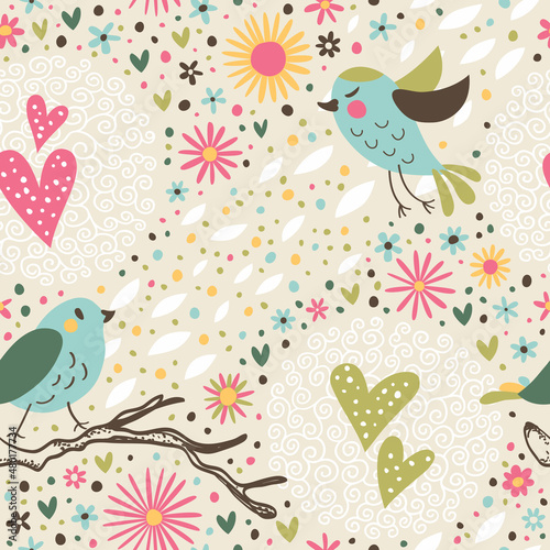 Cute background with a romantic print: birds, hearts, flowers.