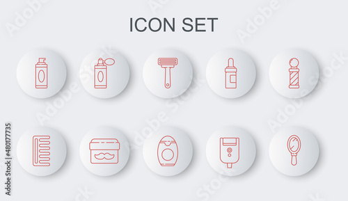 Set line Hand mirror, Hairbrush, Shaving razor, Electric blade for men, gel foam, Aftershave bottle with atomizer, Cream lotion cosmetic jar and Bottle of shampoo icon. Vector