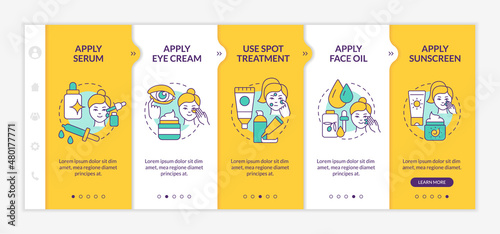 Skincare routine tips yellow onboarding template. Healthy skin. Responsive mobile website with linear concept icons. Web page walkthrough 5 step screens. Lato-Bold, Regular fonts used