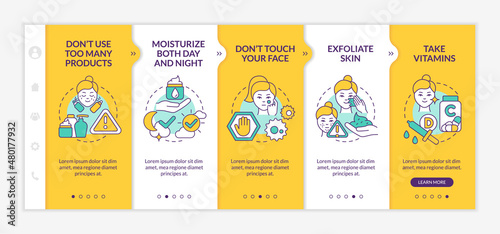 Skincare tips yellow onboarding template. Healthy skin routine. Responsive mobile website with linear concept icons. Web page walkthrough 5 step screens. Lato-Bold, Regular fonts used