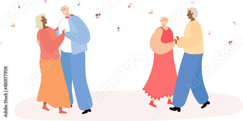 Elderly couples of different nationalities dance together. Active lifestyle for elderly couples