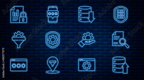 Set line Server, Data, Web Hosting, Document with search, Shield settings gear, Sales funnel, and lock, Hand and Mobile password icon. Vector