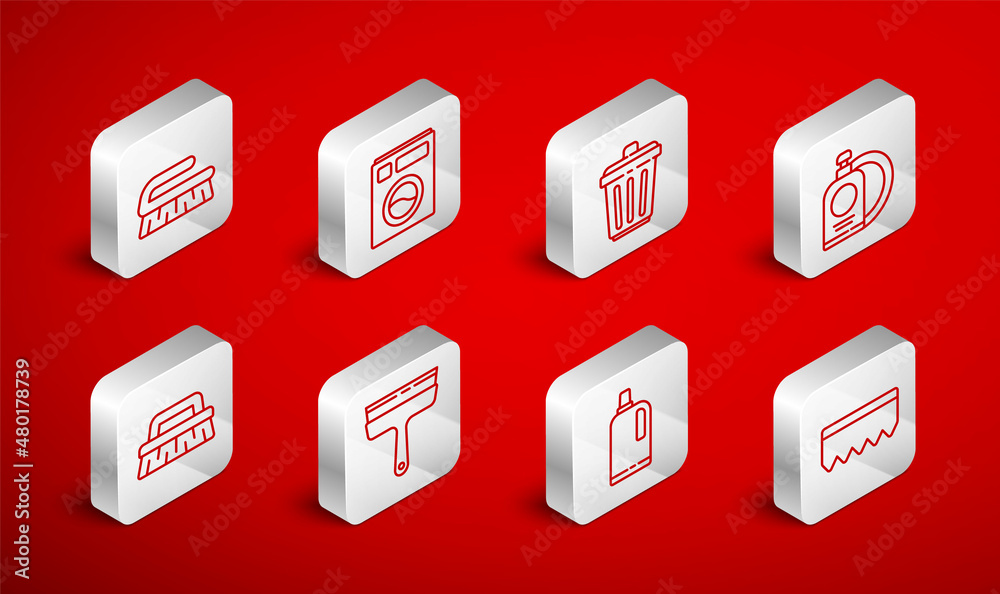 Set line Sponge with bubbles, Washer, Trash can, Dishwashing liquid bottle and plate, Fabric softener, Brush for cleaning, Rubber cleaner windows and icon. Vector Set line Sponge with bubbles, Washer, Trash can, Dishwashing liquid bottle and plate, Fabric softener, Brush for cleaning, Rubber cleaner windows and icon. Vector