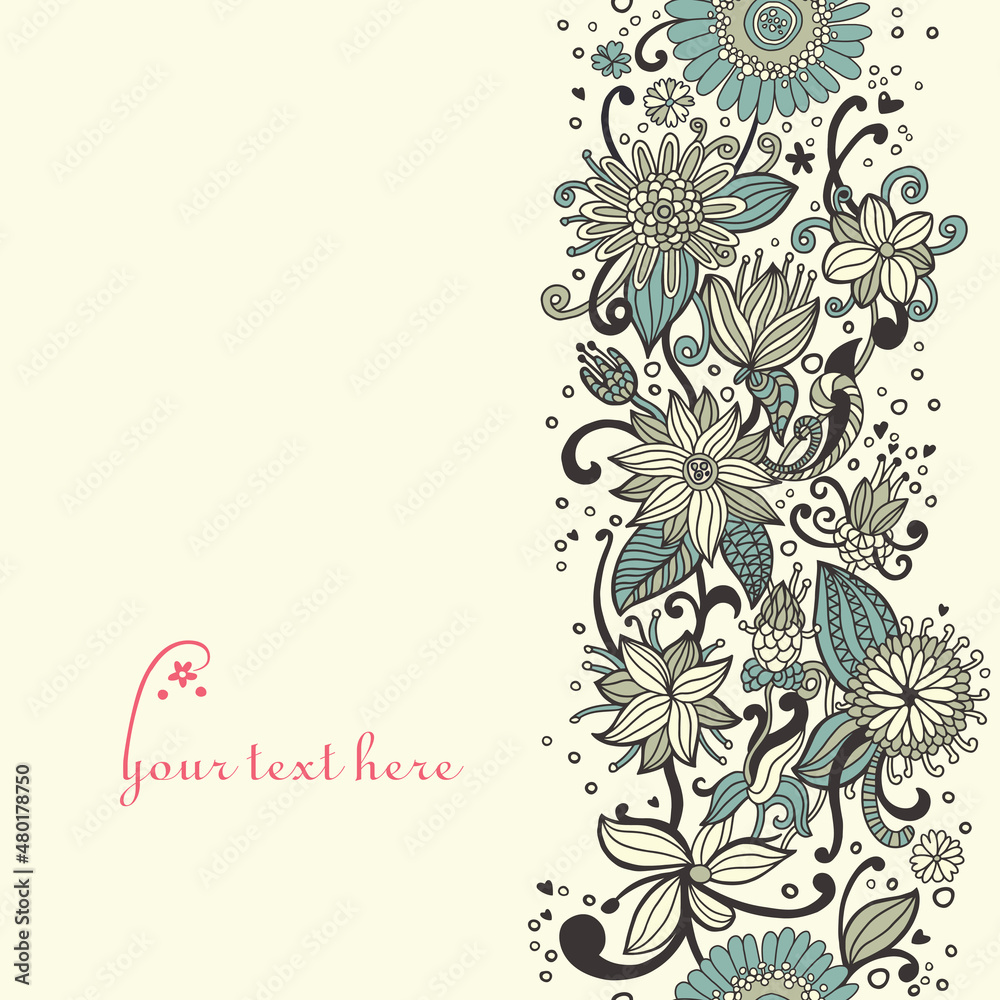 Postcard with a side pattern of flowers and leaves.