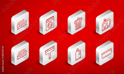 Set line Sponge with bubbles, Washer, Trash can, Dishwashing liquid bottle and plate, Fabric softener, Brush for cleaning, Rubber cleaner windows and icon. Vector