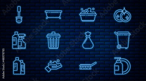 Set line Dishwashing liquid bottle and plate, Trash can, Plastic basin with soap suds, Bottles for cleaning agent, Toilet brush, Garbage bag and Bathtub icon. Vector