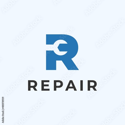 Initial Letter R Monogram with Wrench Spanner, for Repair Service, Maintenance, Technician, Mechanic, Repairman, Workshop, Automotive logo design concept